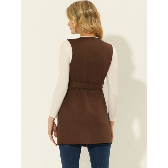 Faux Suede Vest Cardigan Belted Long Jacket Sleeveless Blazer Brown - Picture 4 of 5